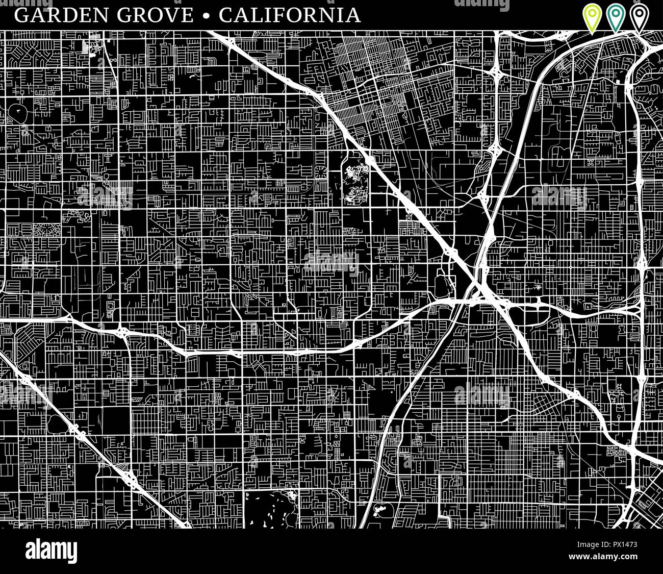 Simple map of Garden Grove, California, USA. Black and white version for backgrounds. This map of Garden Grove contains three markers who are grouped  Stock Vector