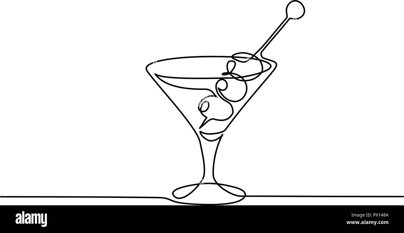 Continuous one line drawing. Martini with olives. Vector illustration