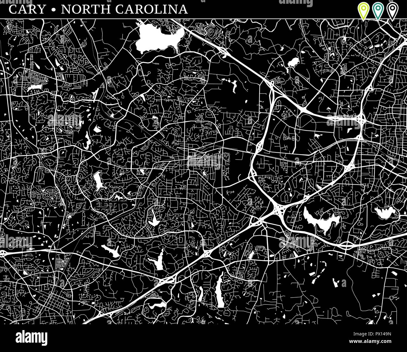 Simple map of Cary, North Carolina, USA. Black and white version for