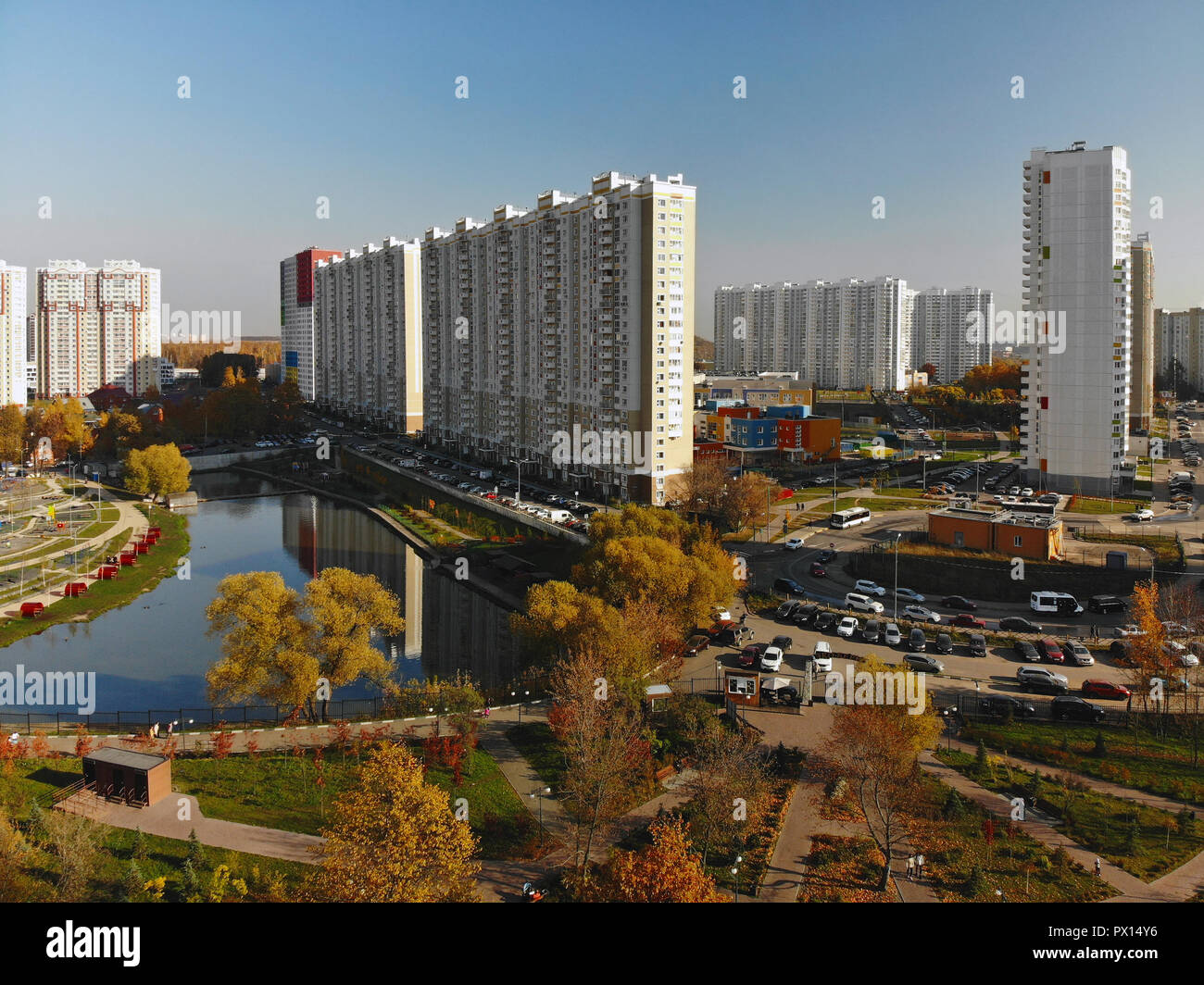 Modern residential houses near pond Levoberezhny in Khimki, Russia Stock Photo