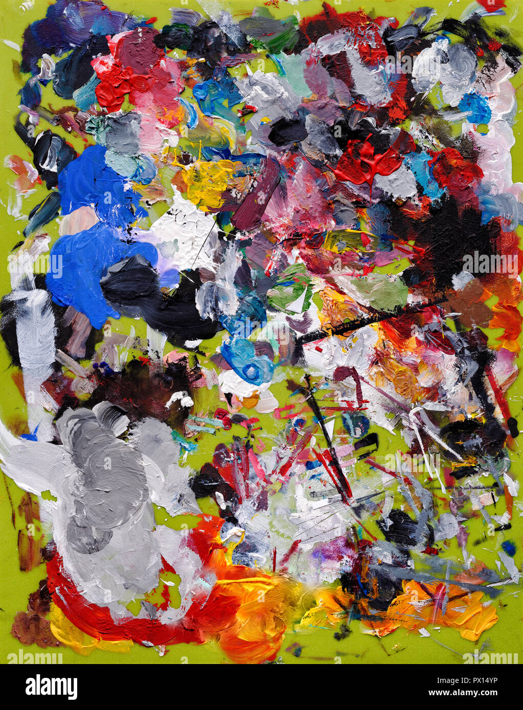 Backgrounds and textures artist palette, colorful paint spots on green