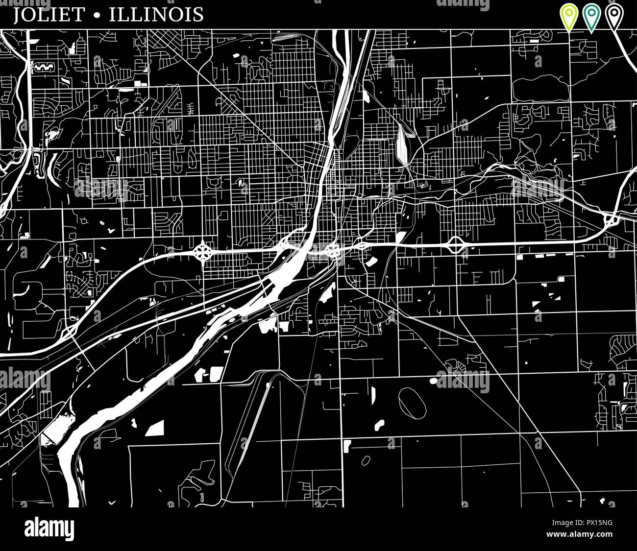 Simple map of Joliet, Illinois, USA. Black and white version for