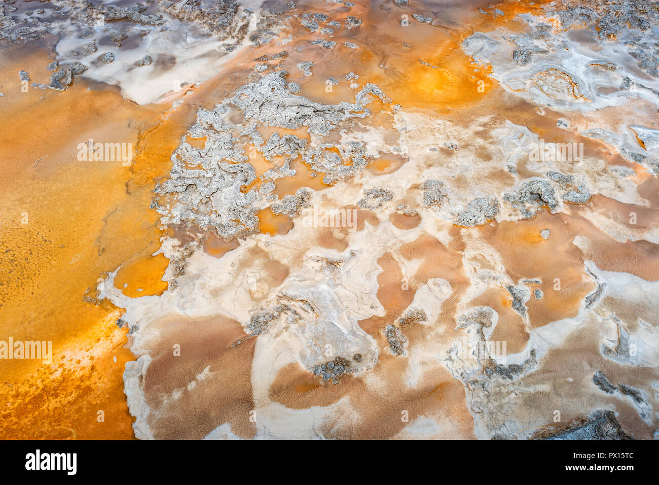 Mineral and bacterial deposits at Grand Geyser in Yellowstone National Park Stock Photo