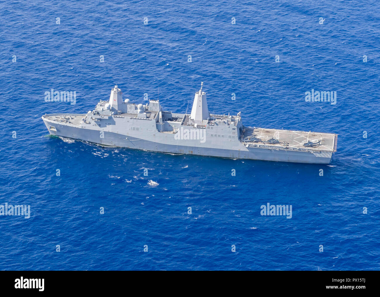 181015-N-PH222-1433 MEDITERRANEAN SEA (Oct. 15, 2018) The San Antonio-class amphibious transport dock ship USS Anchorage (LPD 23) transits the Mediterranean Sea, Oct. 15, 2018. Anchorage and embarked 13th Marine Expeditionary Unit are deployed to the U.S. 6th Fleet area of operations as a crisis response force in support of regional partners as well as to promote U.S. national security interests in Europe and Africa. (U.S. Navy photo by Mass Communication Specialist 3rd Class Ryan M. Breeden/Released) Stock Photo