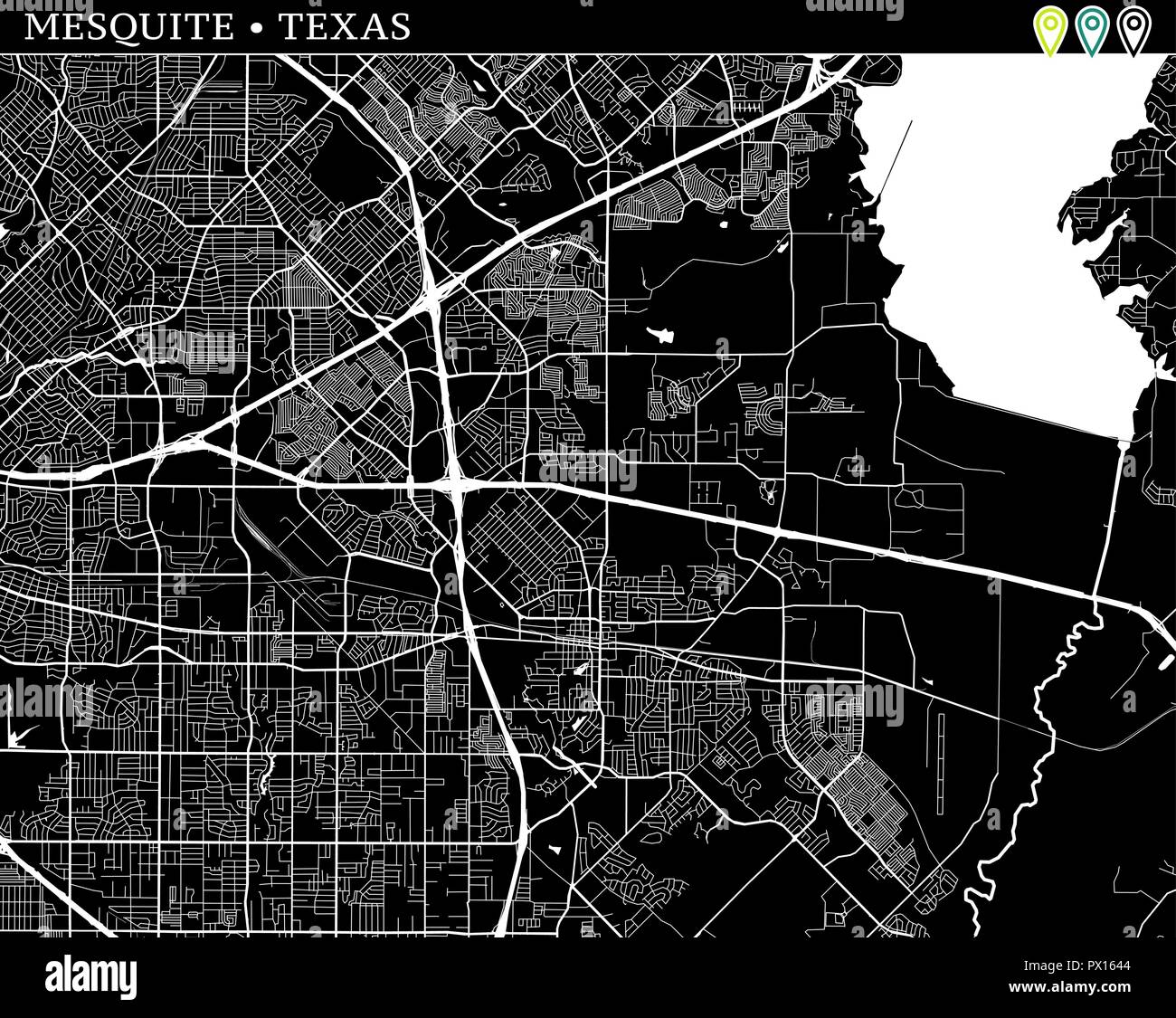 Simple map of Mesquite, Texas, USA. Black and white version for