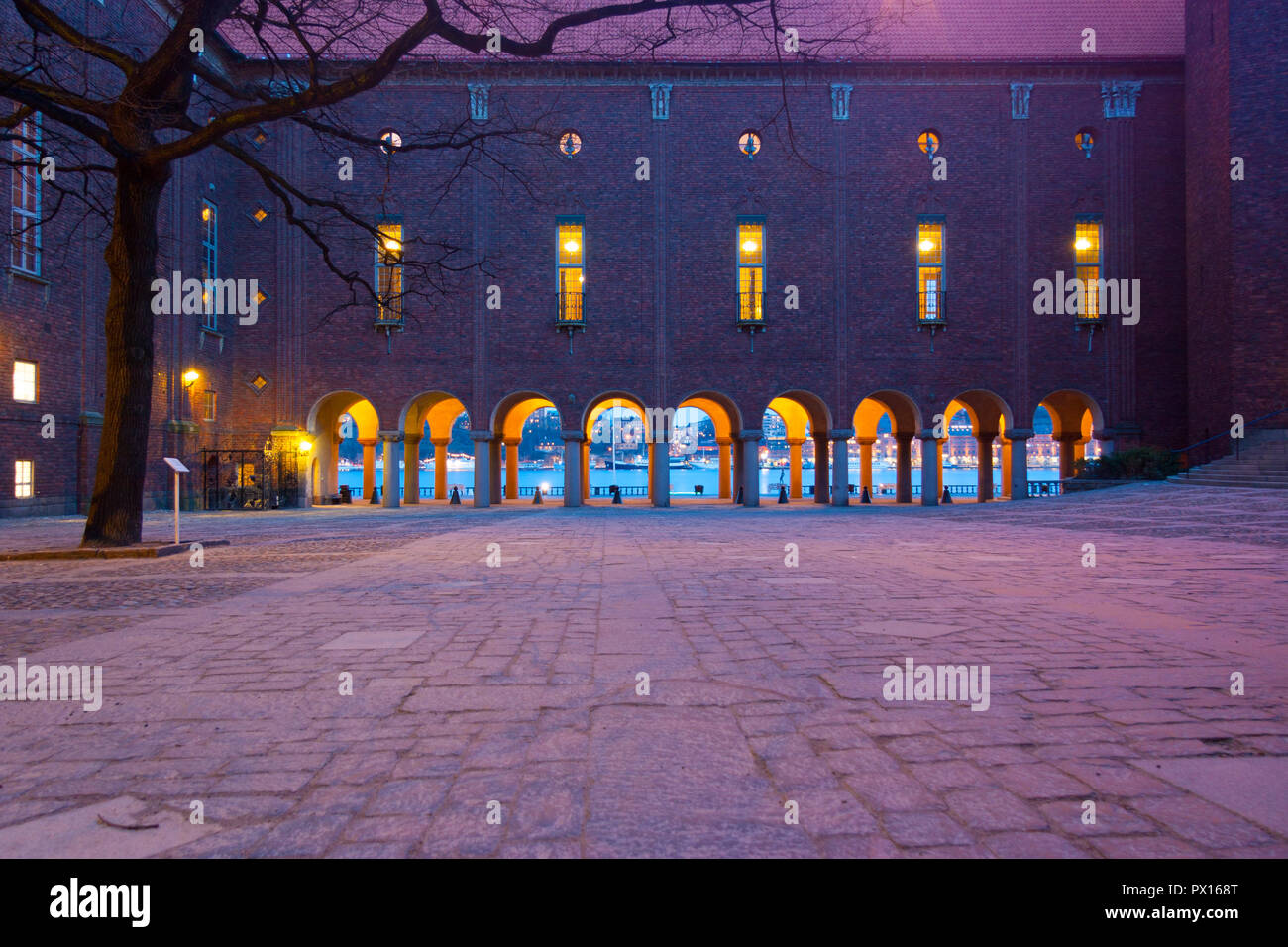 Town hall courtyard and arcade at evening, Stockholm, Sweden, Europe