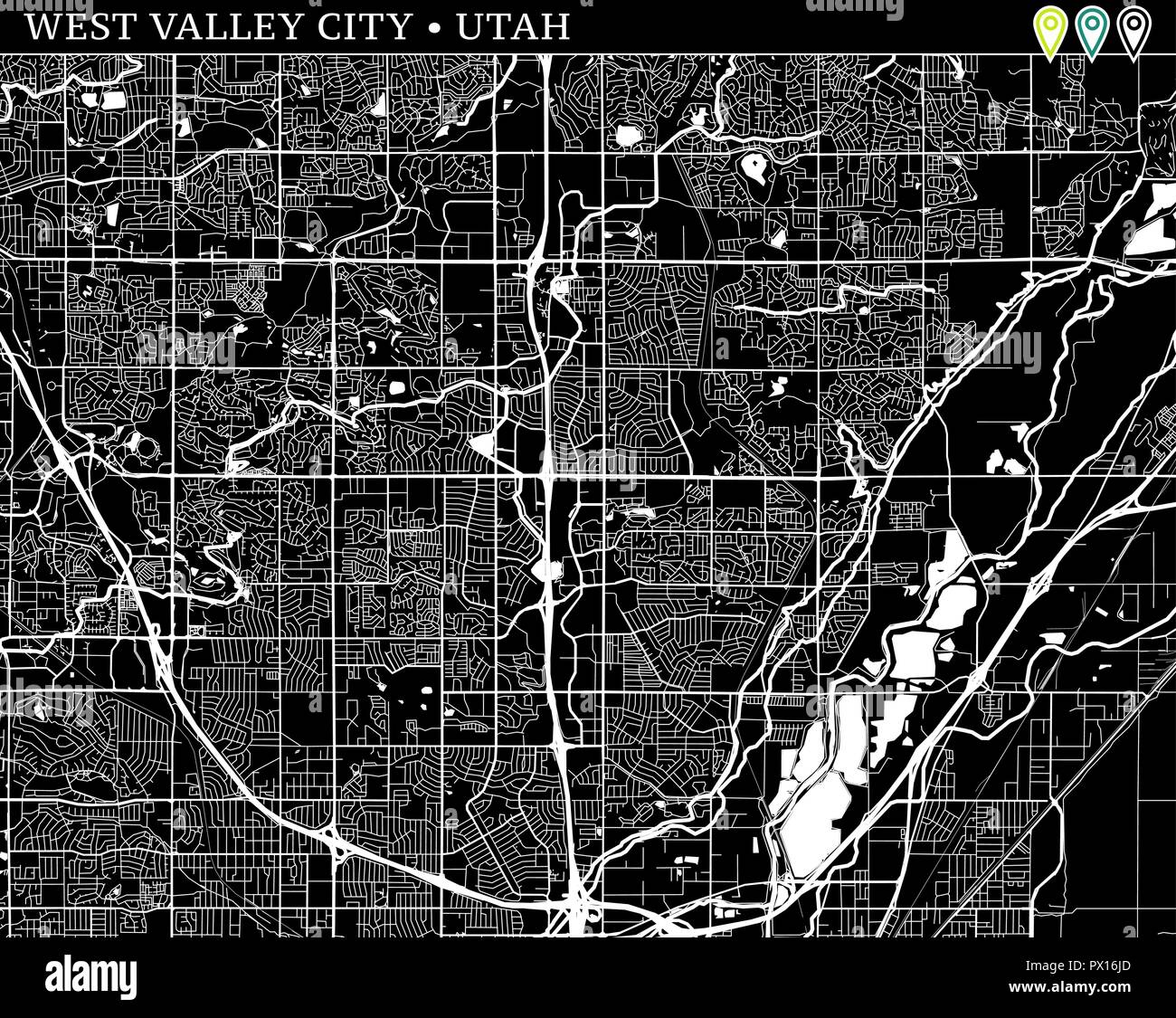 Simple map of West Valley City, Utah, USA. Black and white version for