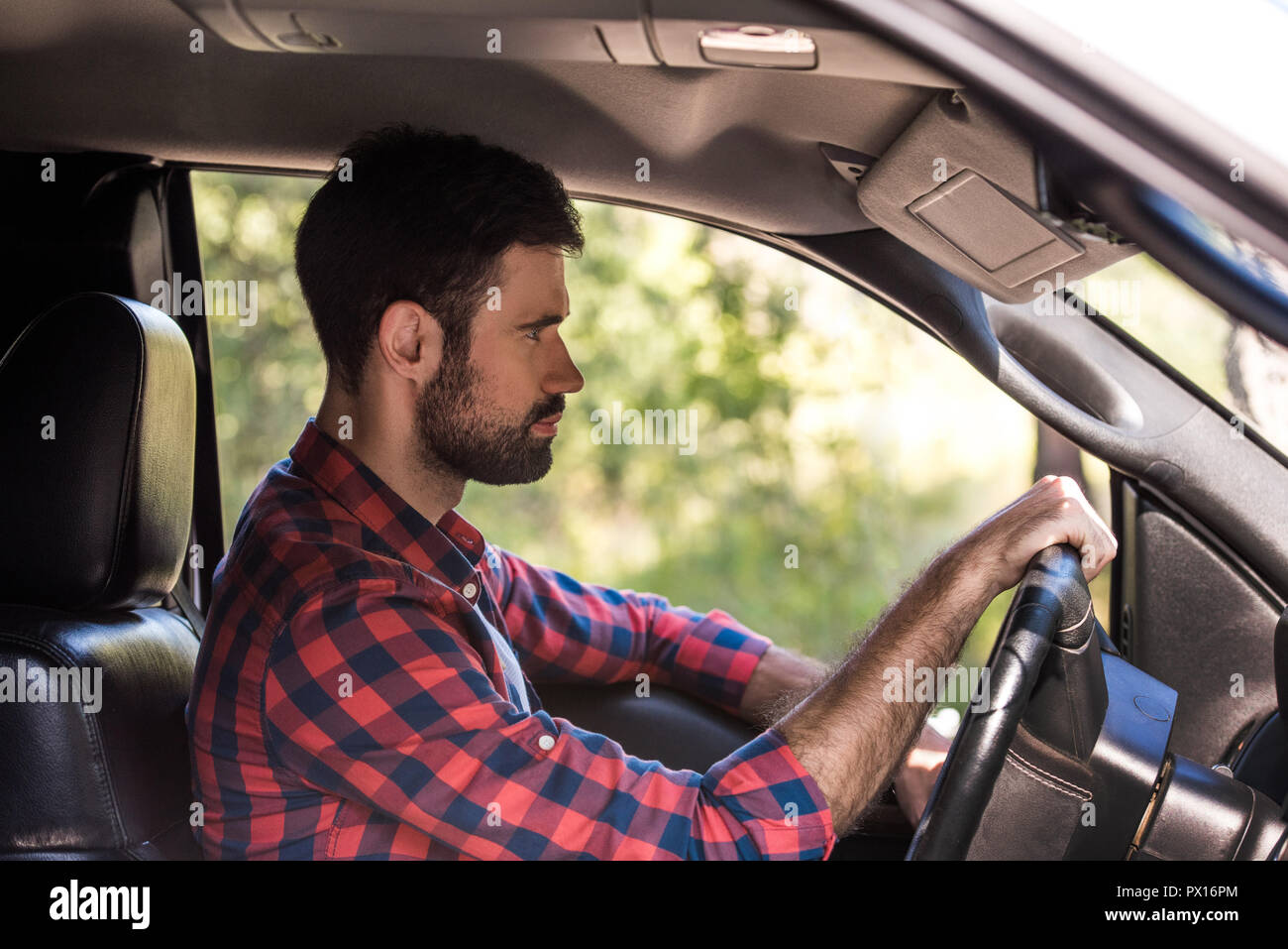 side view of bearded driver in pickup truck in forest Stock Photo - Alamy