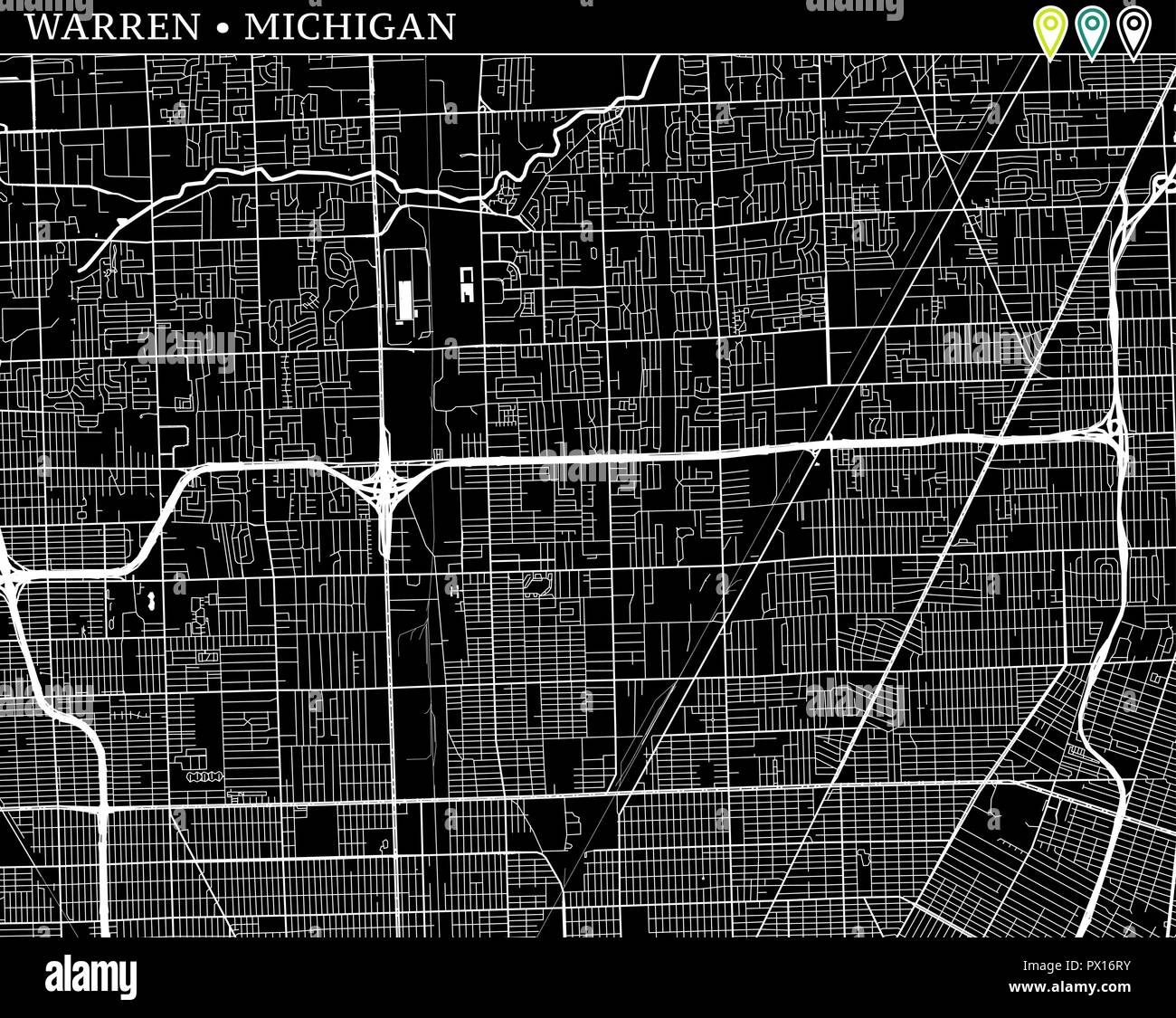Simple map of Warren, Michigan, USA. Black and white version for