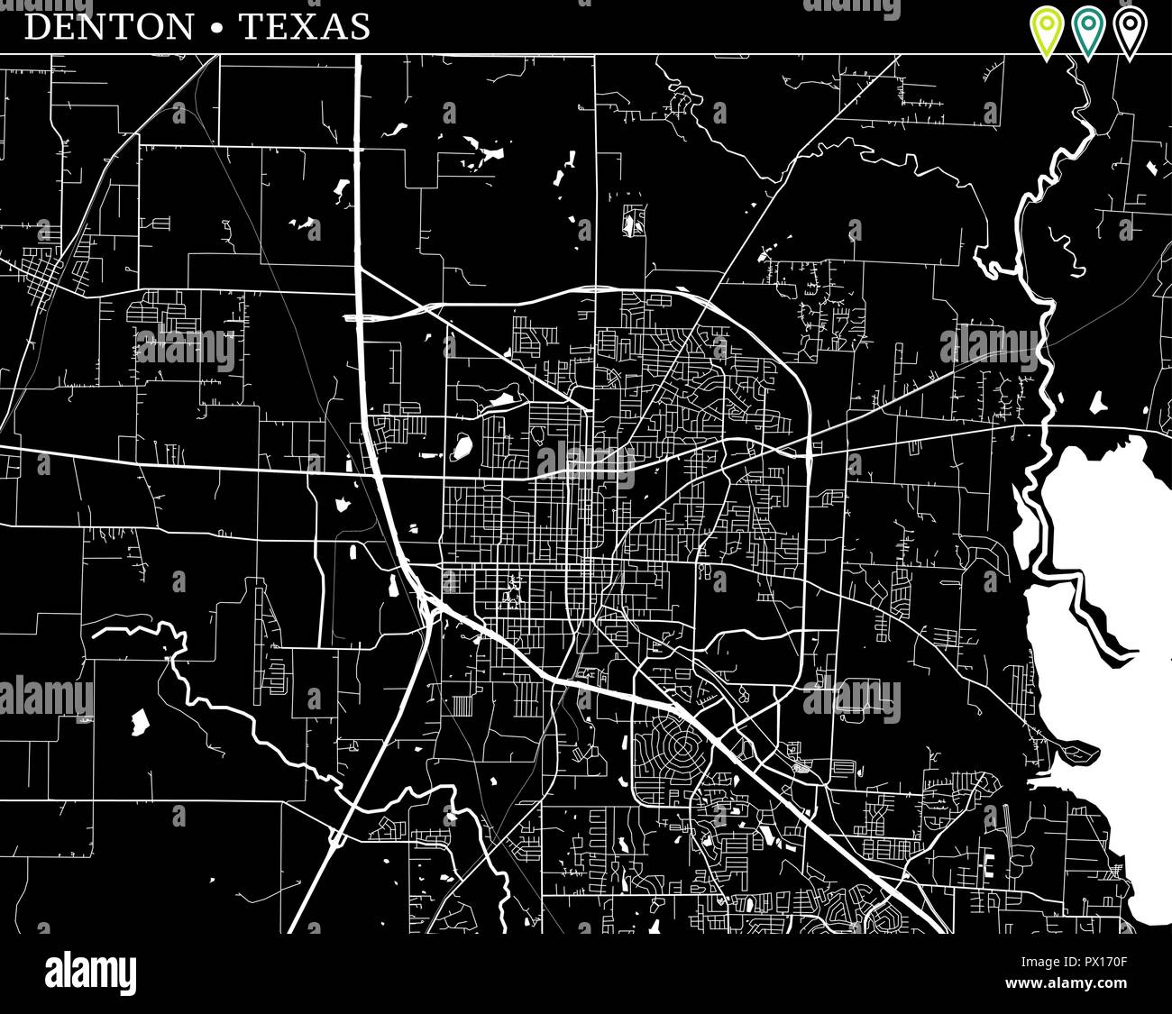 Simple map of Denton, Texas, USA. Black and white version for backgrounds. This map of Denton