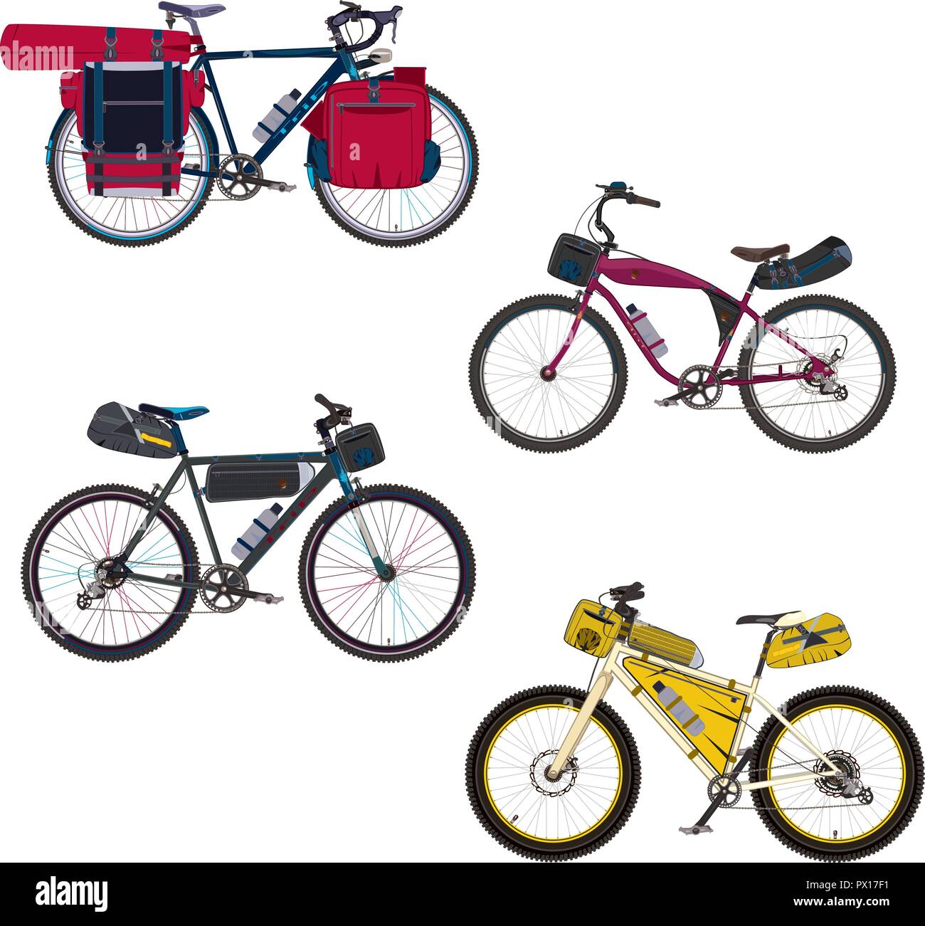 Vector set of bikepacking bikes with saddlebag, frame bag, handlebar bag and tent. Road gravel, hybrid, touring and mountain bicycles with bikepacking Stock Vector