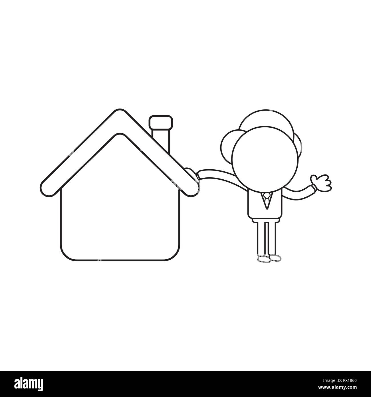 Vector illustration concept of businessman character leaning on house. Black outline. Stock Vector