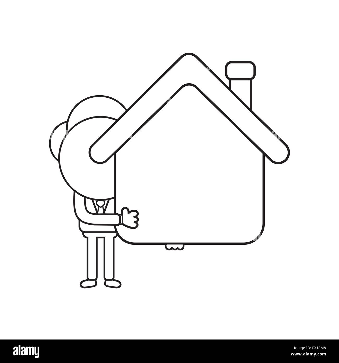 Vector illustration concept of businessman character holding house. Black outline. Stock Vector