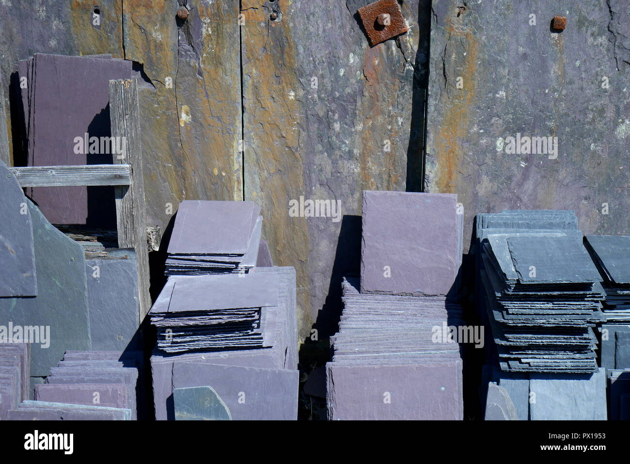 Piles of slate at the National Slate Museum, Llanberis, Snowdonia, Gwynedd, North Wales, UK Stock Photo