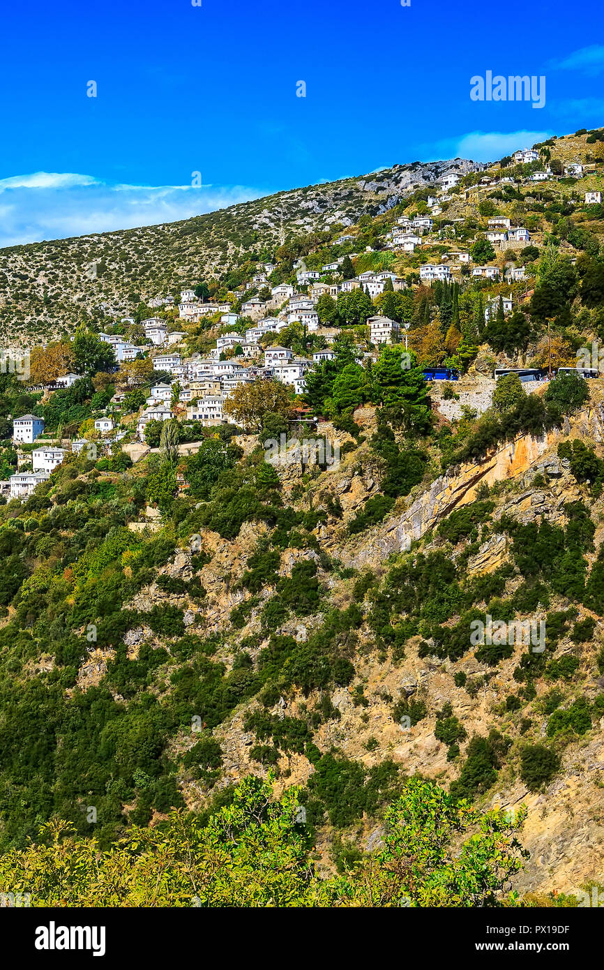 Aerial street and houses view at Makrinitsa village of Pelion, Greece