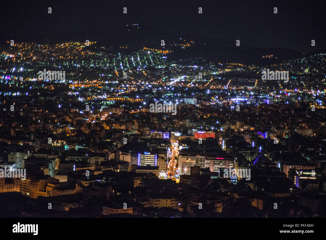 The Magnificent View of Athens from Lycabettus Hill at Night, Greece a Place to travel at and See Wonderful Places Stock Photo