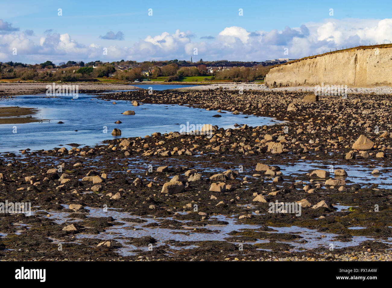 Cliff, lake and ocean in Silverstrand Beach, Galway, Ireland Stock