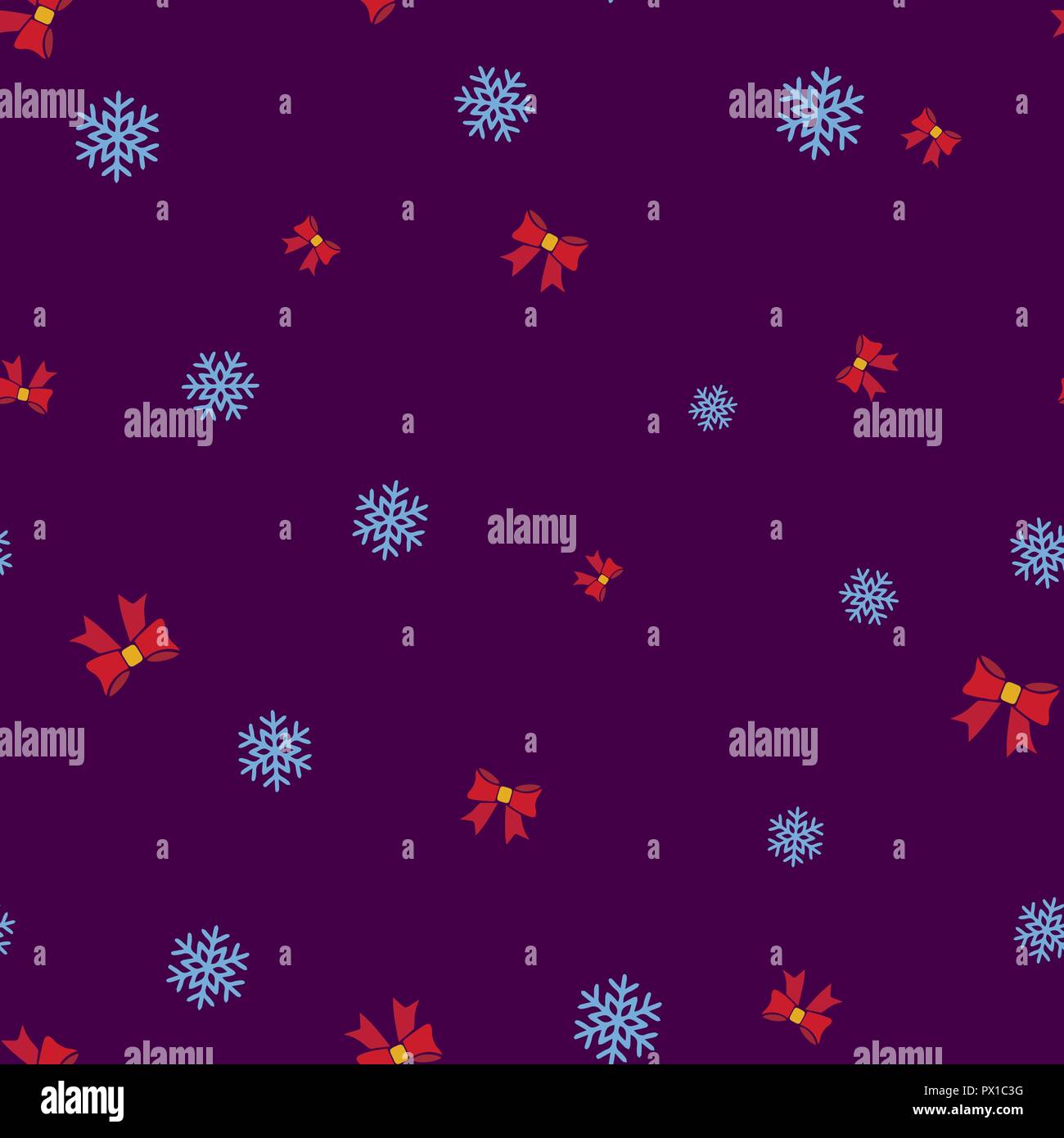 Red bows and snowflake seamless pattern. Purple background. Vector illustration. Stock Vector