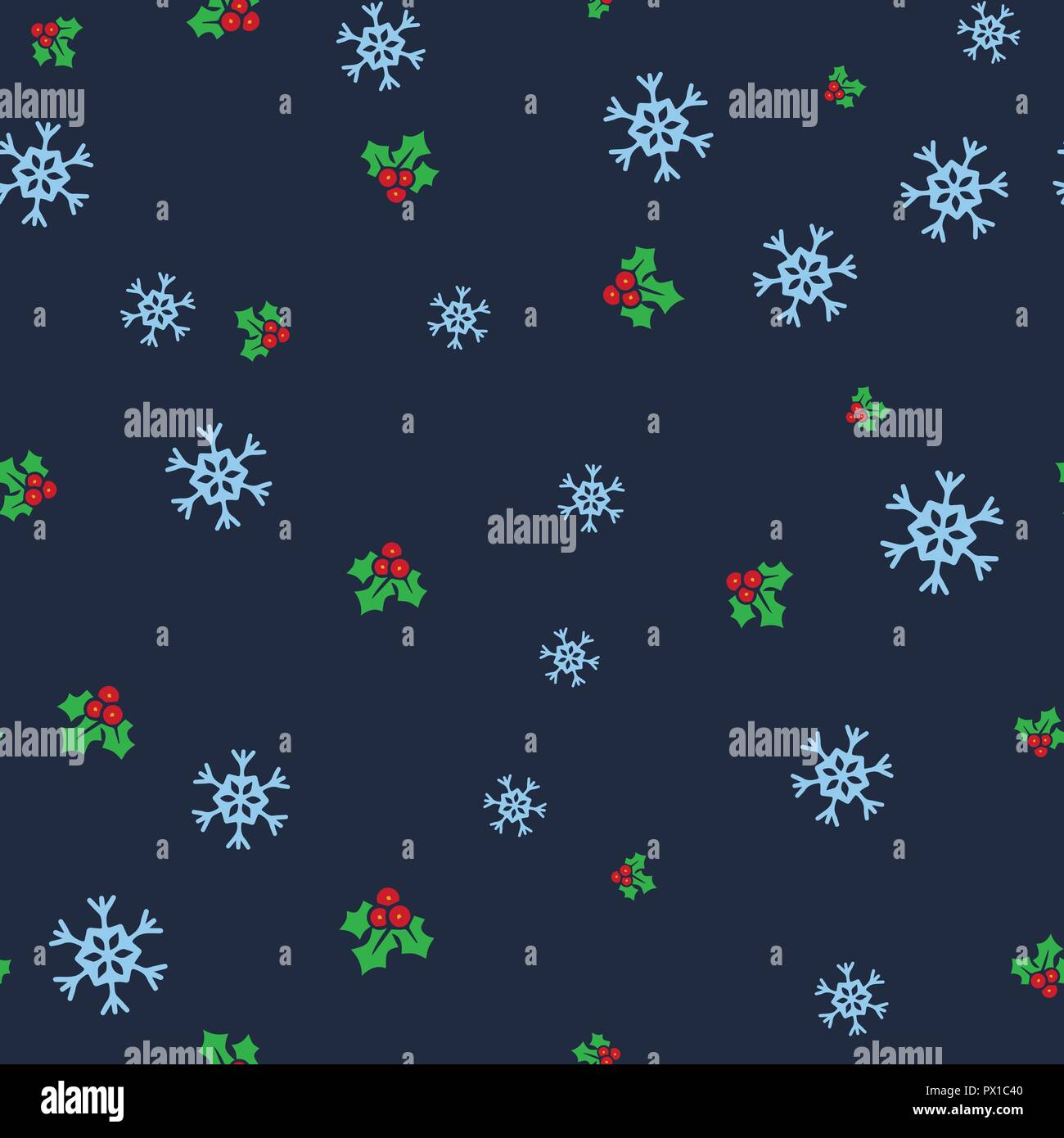 Christmas mistletoe and snowflake seamless pattern. Dark blue background. Vector illustration. Stock Vector