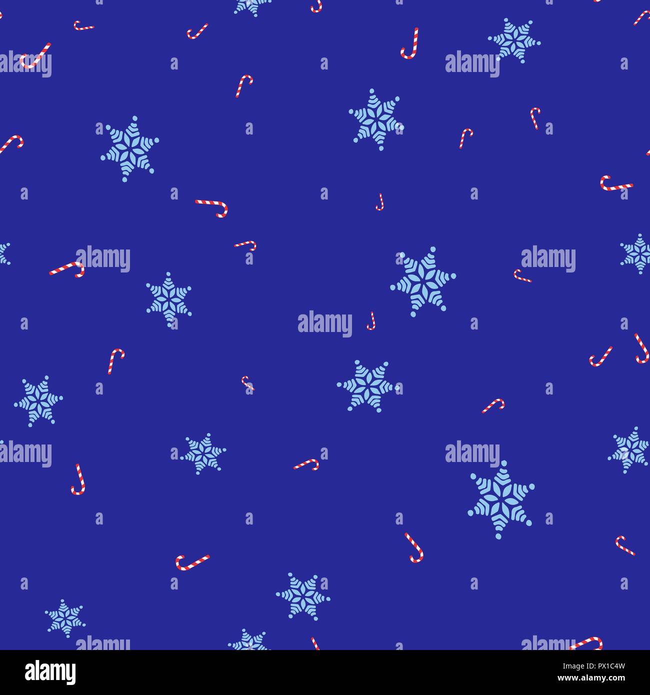 Christmas candy cane and snowflake seamless pattern. Blue background. Vector illustration. Stock Vector