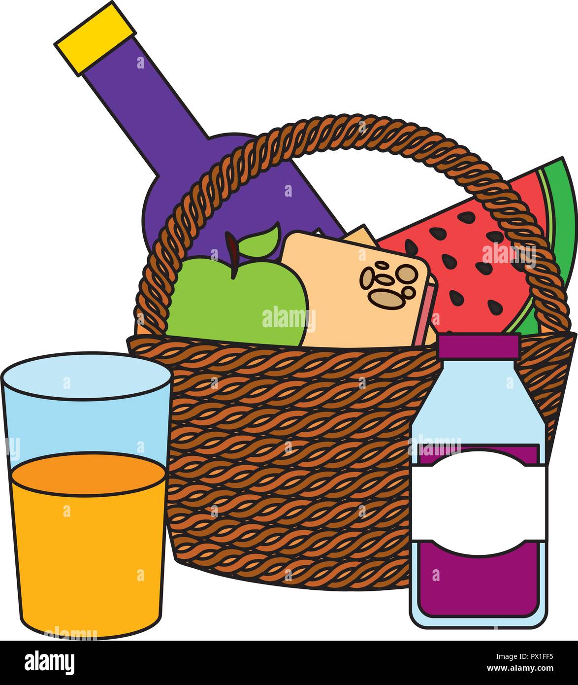 wicker basket fruit wine and juice food picnic vector illustration ...