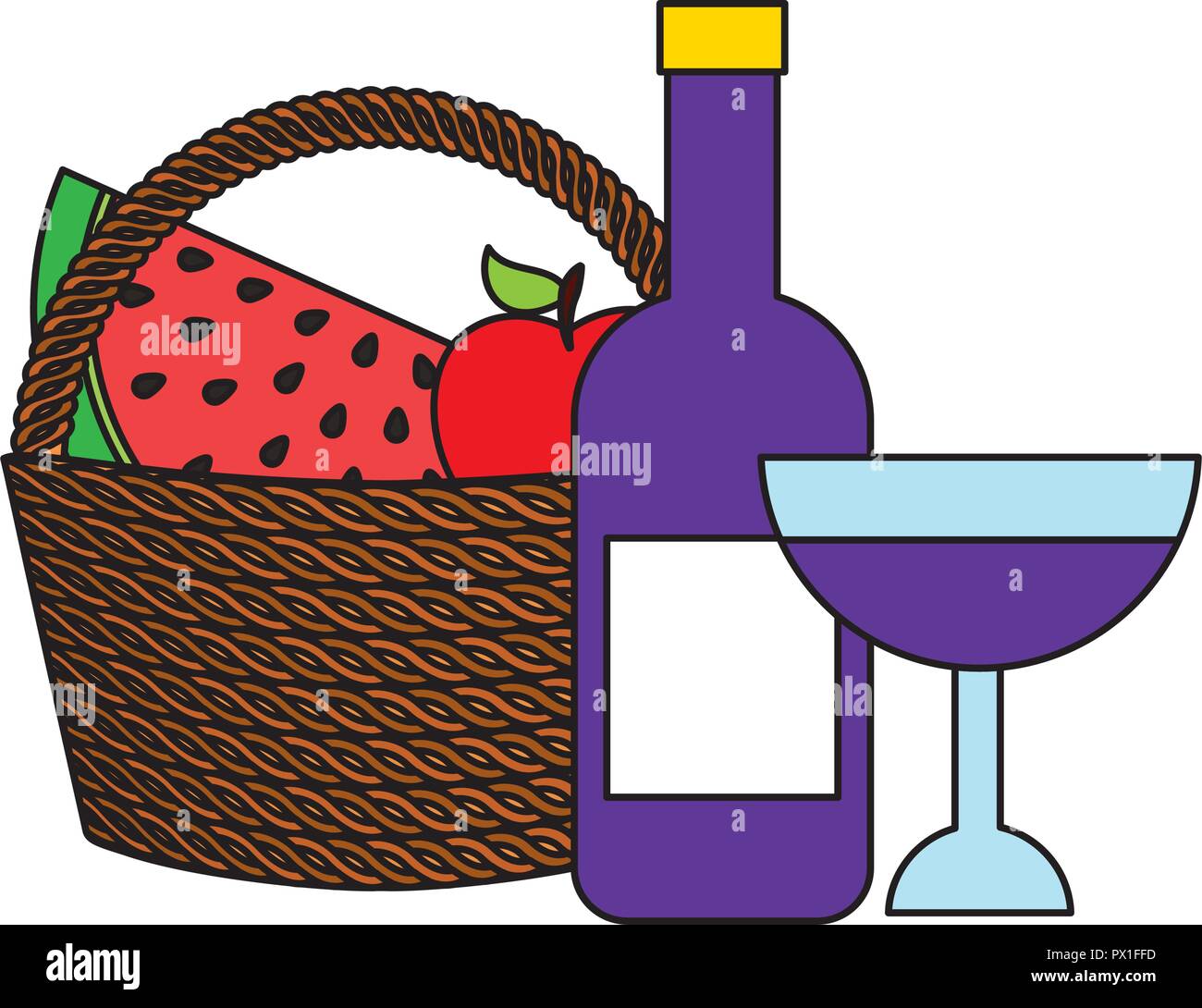 wicker basket wine and fruits food picnic vector illustration Stock ...