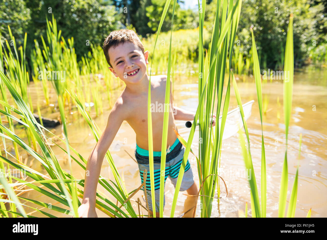 Child catching fish with net hi-res stock photography and images