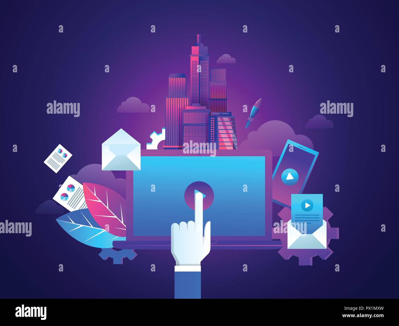 Concept of marketing techniques. Website and search engine optimization. Image of notebook with play button. Design template for Landing Page. Isometric vector illustration. Stock Vector