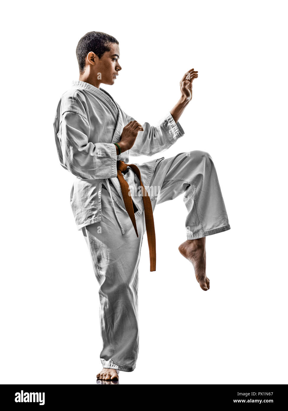 one karate kata training teenagers kid isolated on white background