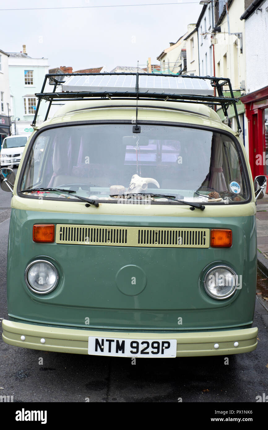 Front view of a  fully restored classic 1976 Volkswagen delivery/camper van parked on Broad St., Wells, Somerset, UK Stock Photo