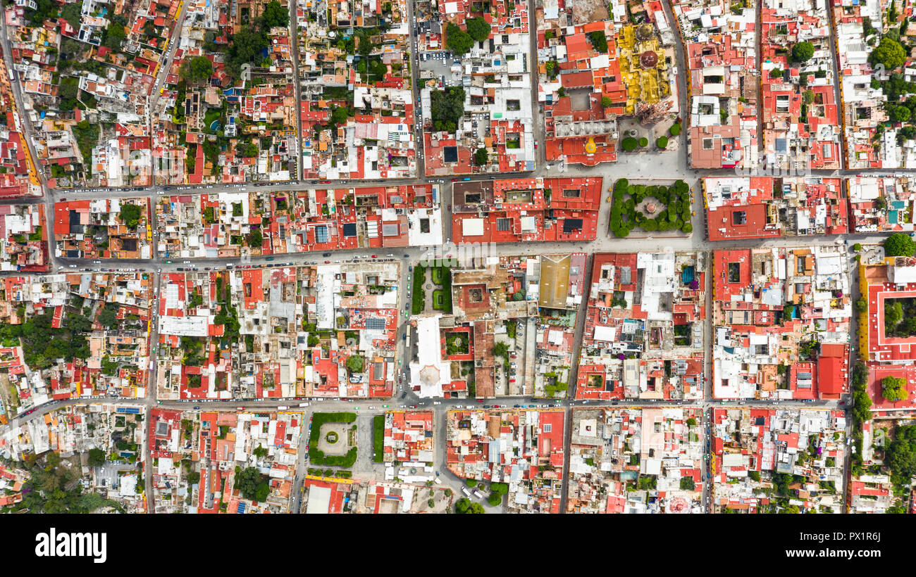 Aerial view of the Zocalo, Historic City Center of San Miguel de Allende, Mexico Stock Photo