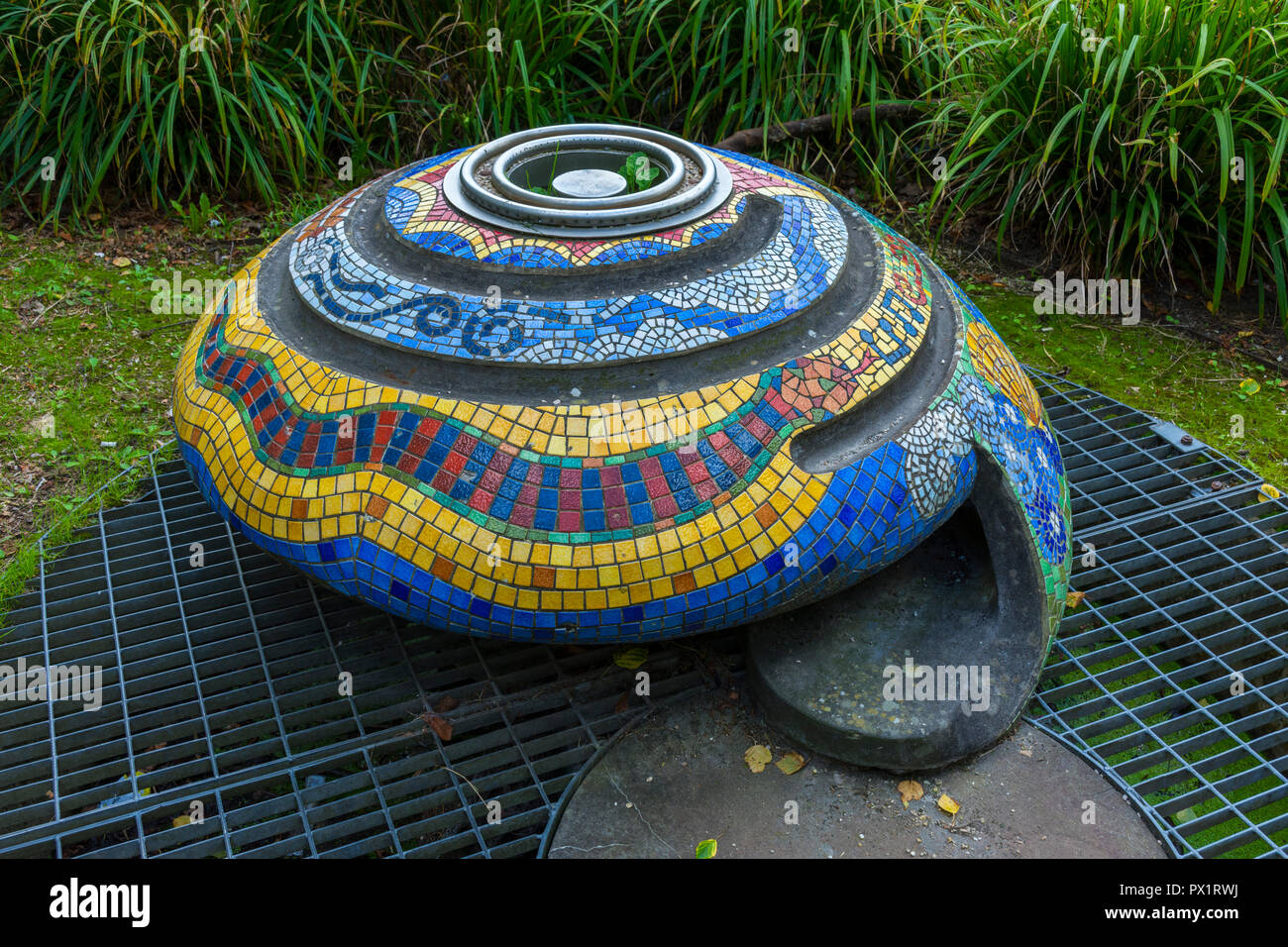 Shell sculpture with mosaics (details not known), Hulme Park, Manchester, UK Stock Photo