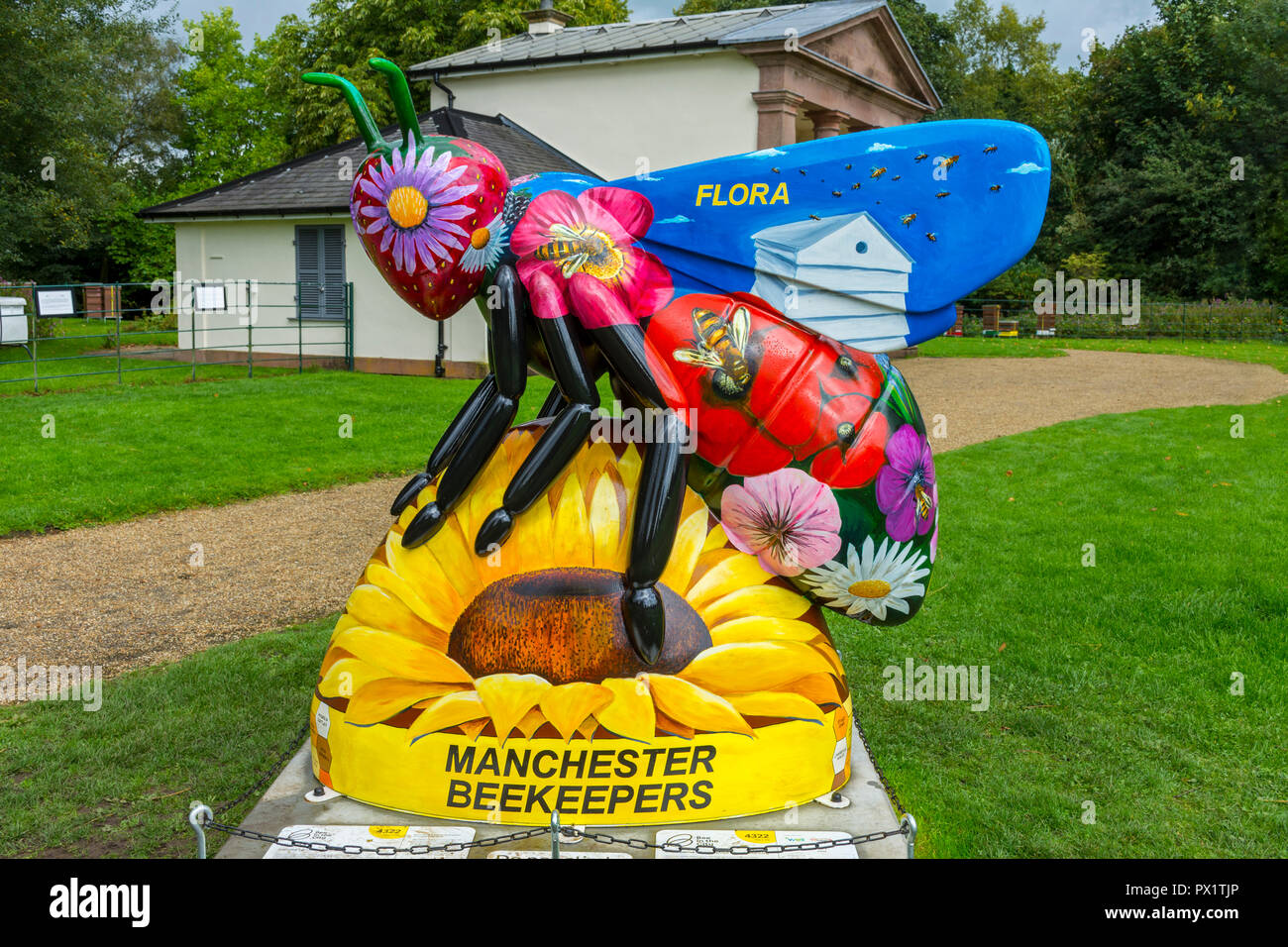 Flora, by Peter Davis.  One of the Bee in the City sculptures, at the Manchester & District Beekeepers' Association HQ, Heaton Park, Manchester, UK. Stock Photo