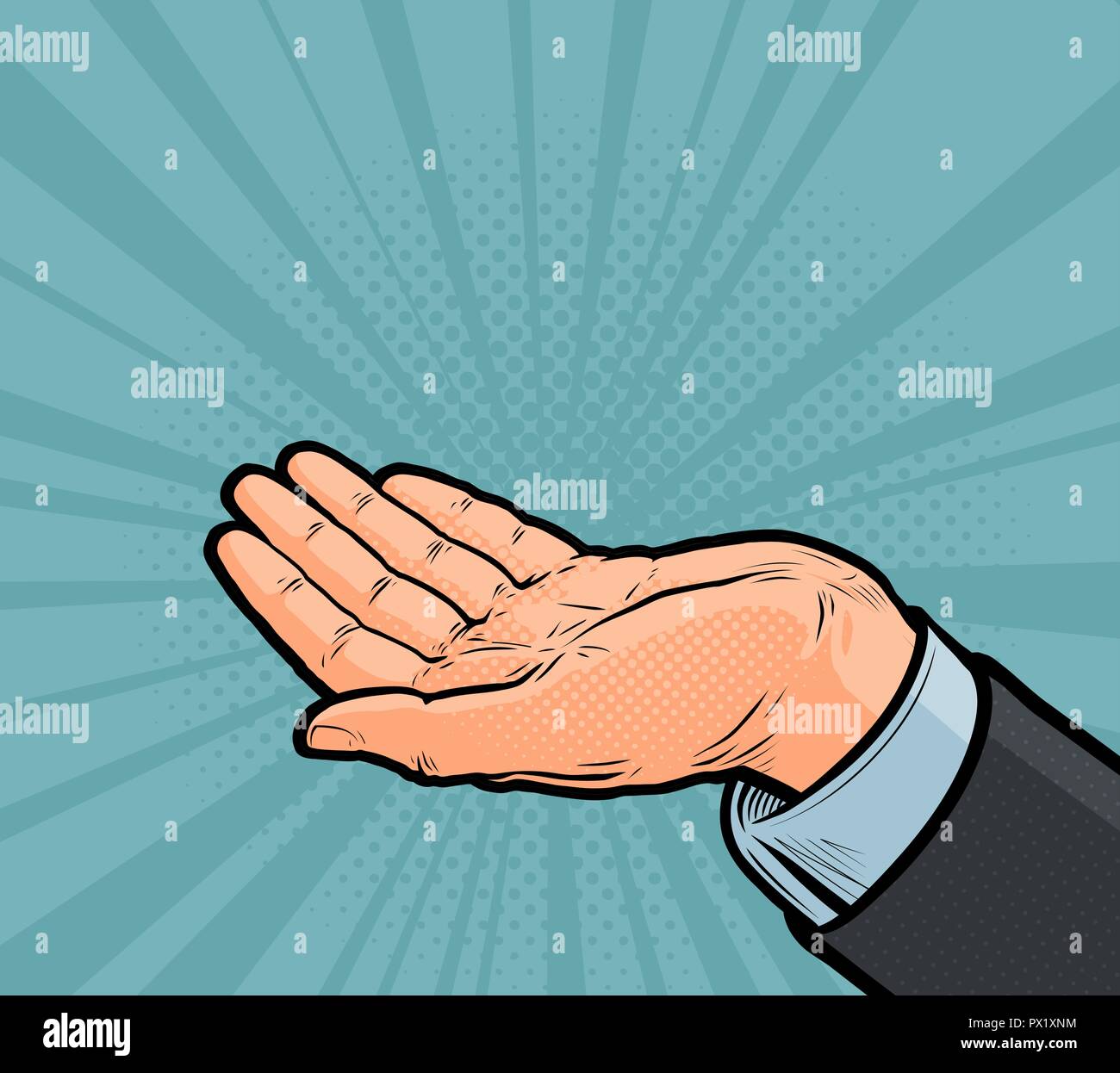 Cupped or open hand. business, presentation concept. Pop art retro comic style. Cartoon vector illustration Stock Vector