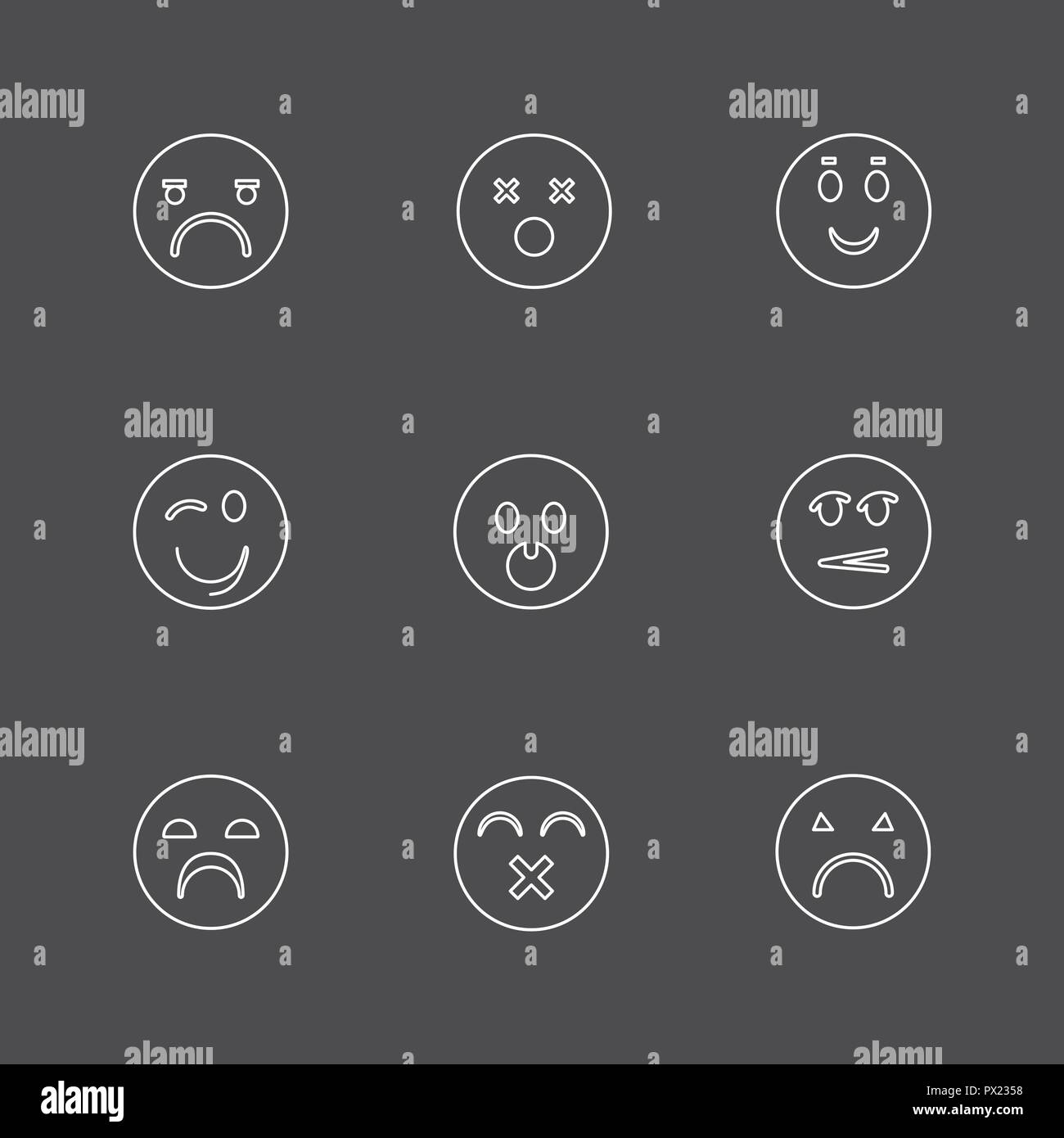 Emoji , emoticons , eomtions , smileys , sad , happy, cry , laugh , love , angry,  annoying,  confused , nervous , heart broken , romantic, icon, vect Stock Vector