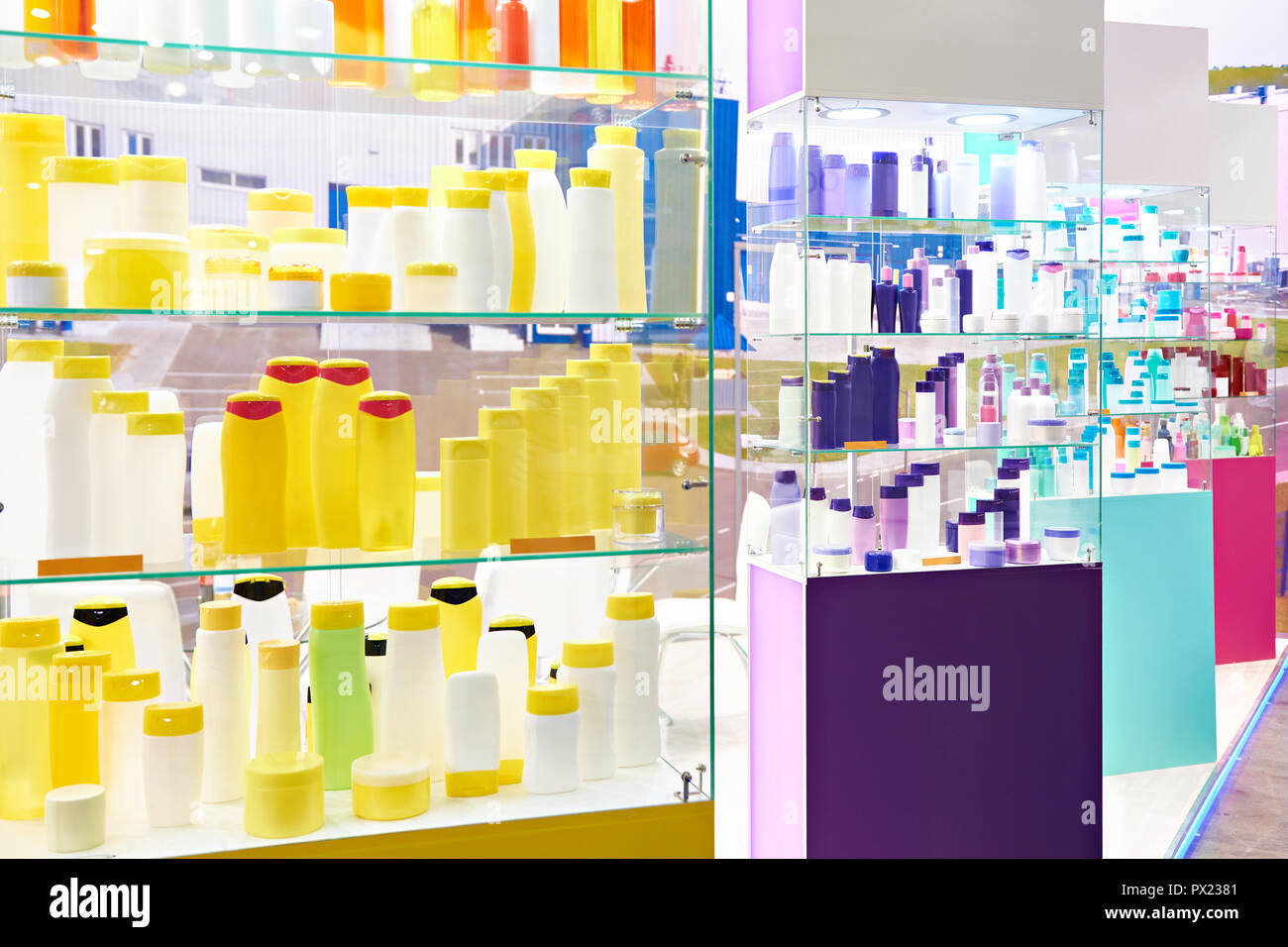 Storefront shop with plastic bottles and jars cosmetic and shampoo Stock Photo