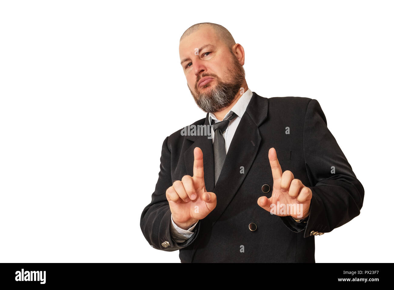 Respectable man emotionally demonstrates rejection and shows it with his hands. Stock Photo