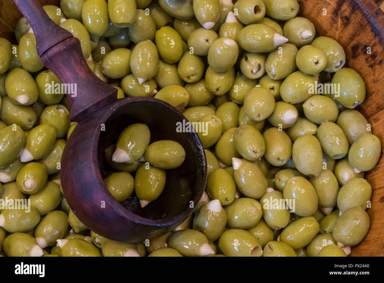 Fresh Green Olives stuffed with Almonds in London's Borough Market Stock Photo Alamy