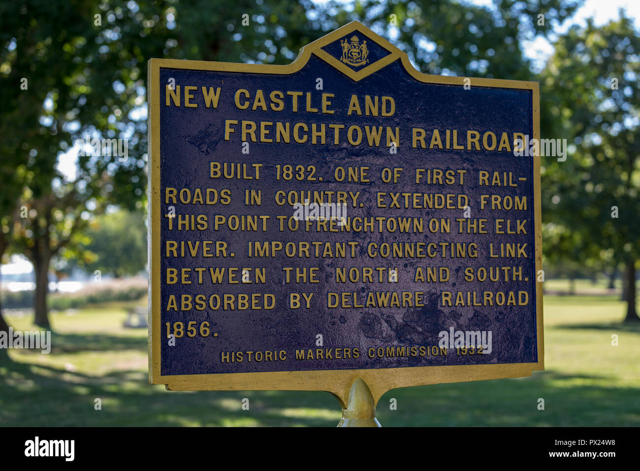 New Castle, DE, USA September 23, 2015 A historic marker about the