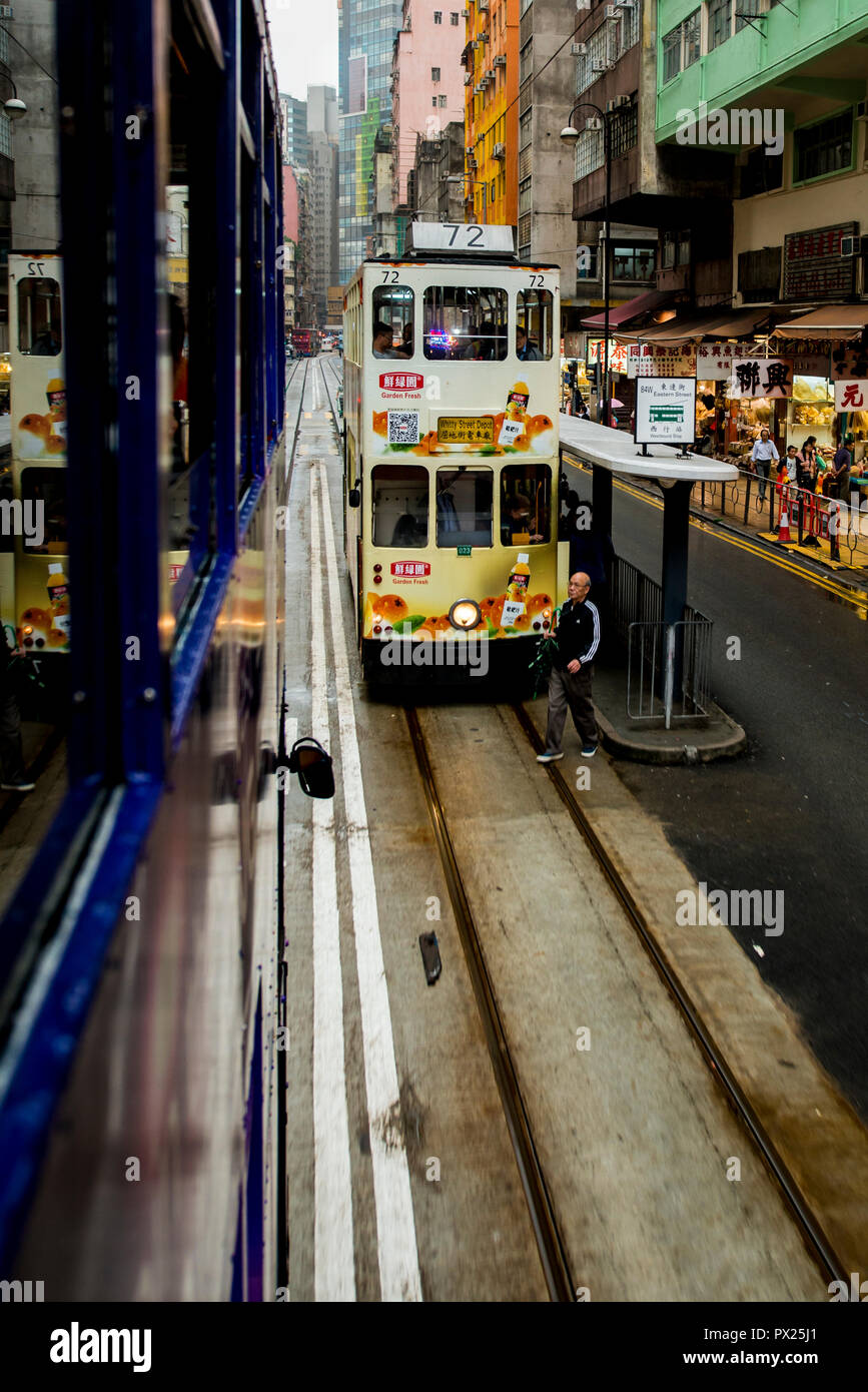 Double-decker buses trams public transit on Hong Kong Island,  Hong Kong, China. Stock Photo