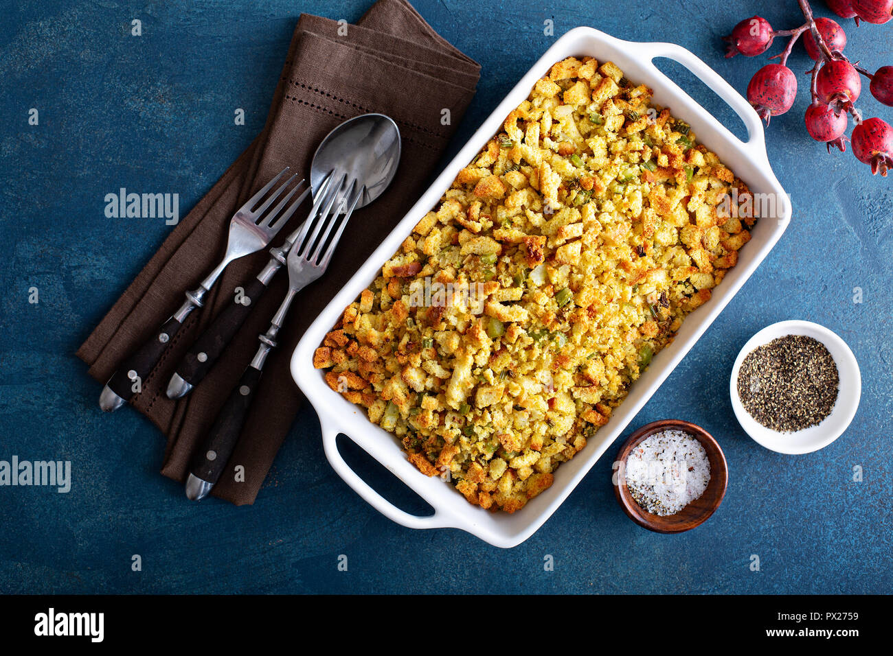Traditional stuffing side dish for Thanksgiving or Christmas in a baking pan Stock Photo Alamy