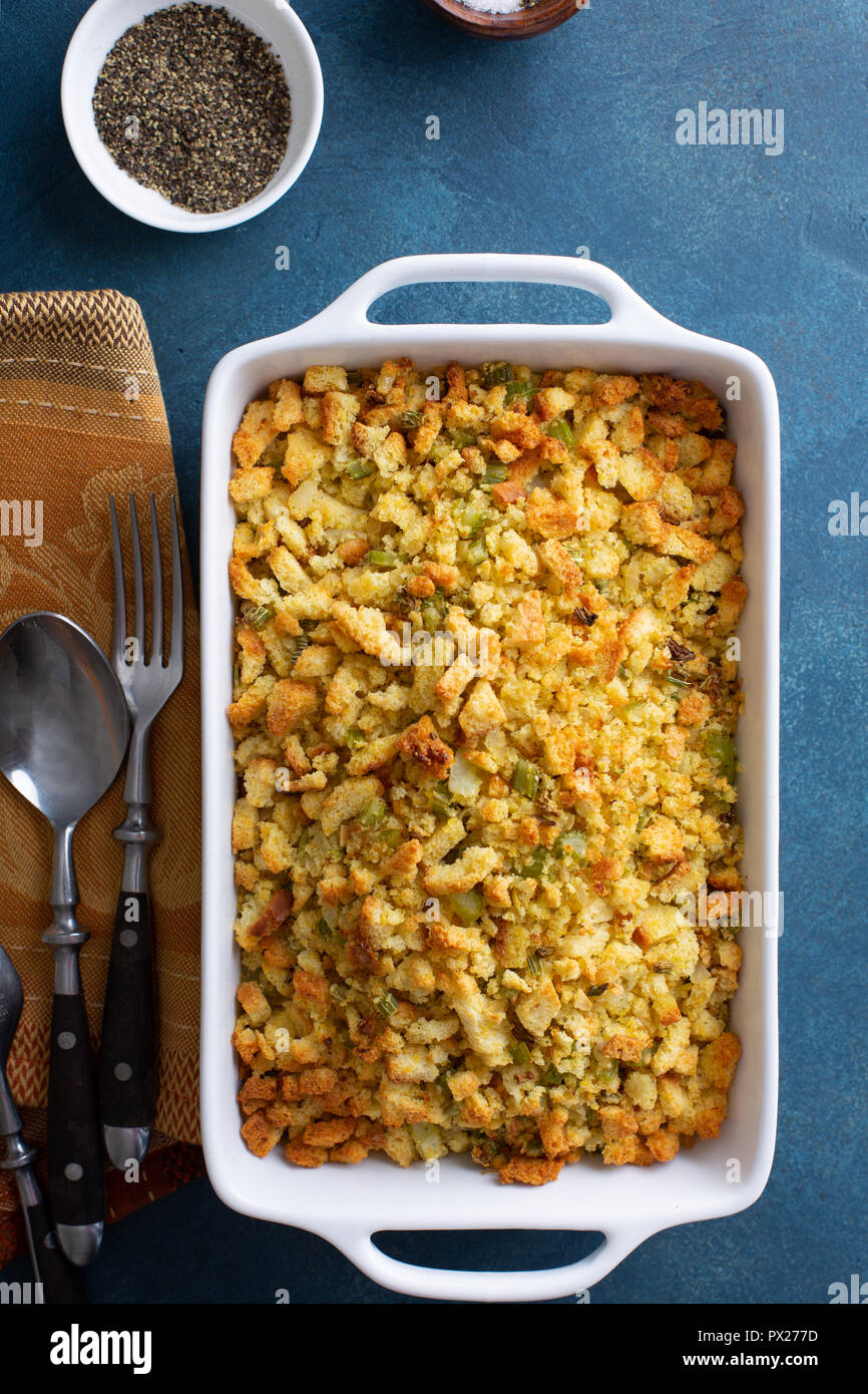 Traditional stuffing side dish for Thanksgiving or Christmas in a baking pan Stock Photo Alamy