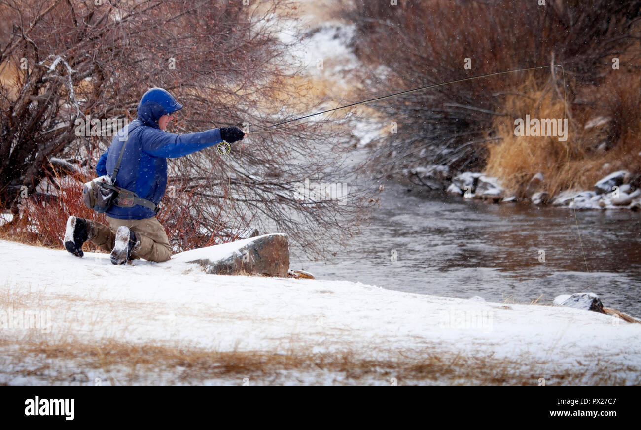 Fly fishing for trout with fly rod and reel Stock Photo