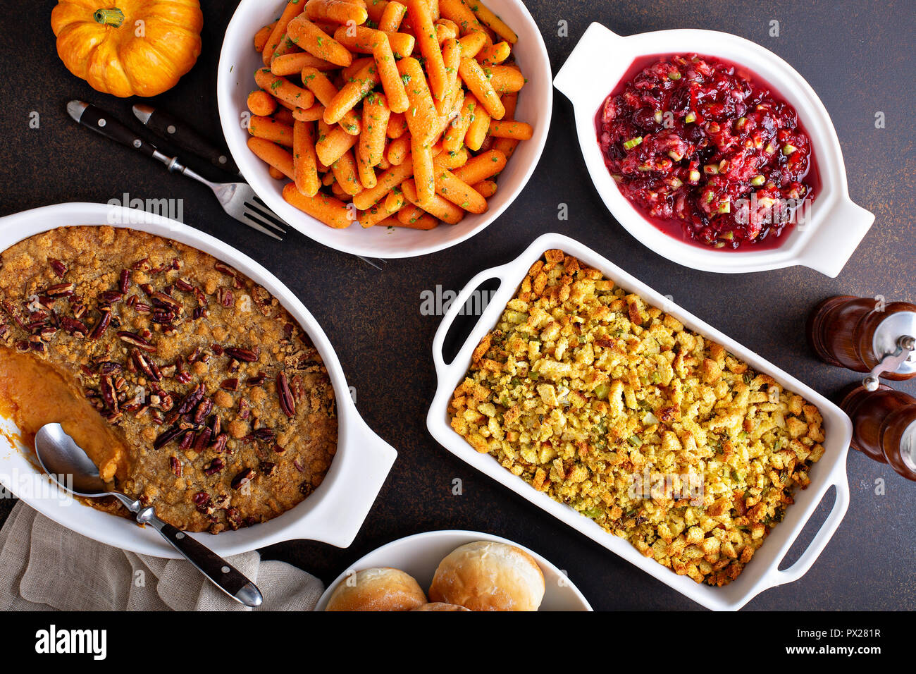 All Traditional Thanksgiving Side Dishes Roasted Carrots Sweet Potato Casserole Cranberry Sauce And Stuffing All Traditional Thanksgiving Side Dishes Roasted Carrots Sweet Potato Casserole Cranberry Sauce And Stuffing