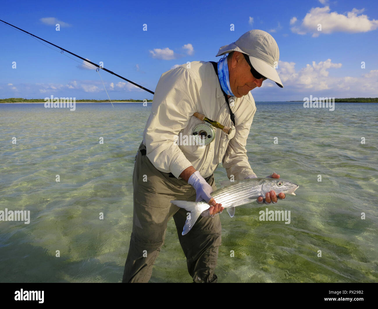 Fly fishing for bonefish in the Bahamas Stock Photo