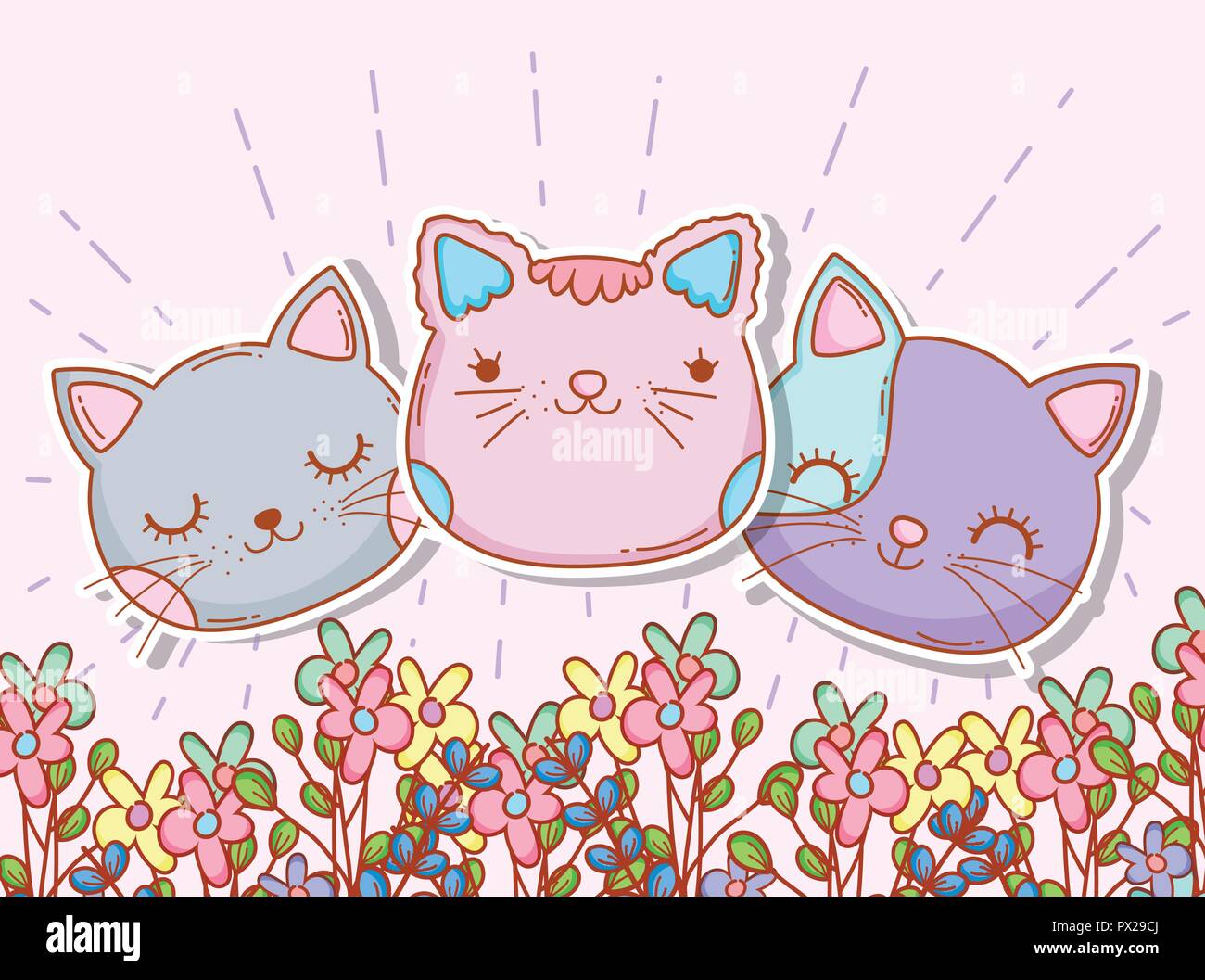 cute cats head with flowers plants Stock Vector Image & Art - Alamy