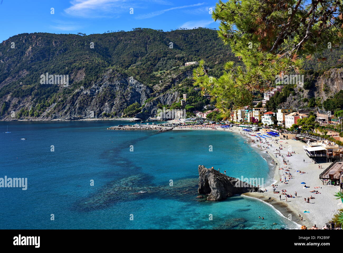 High view of Monterosso in the Cinque Terre, Italy. Stock Photo