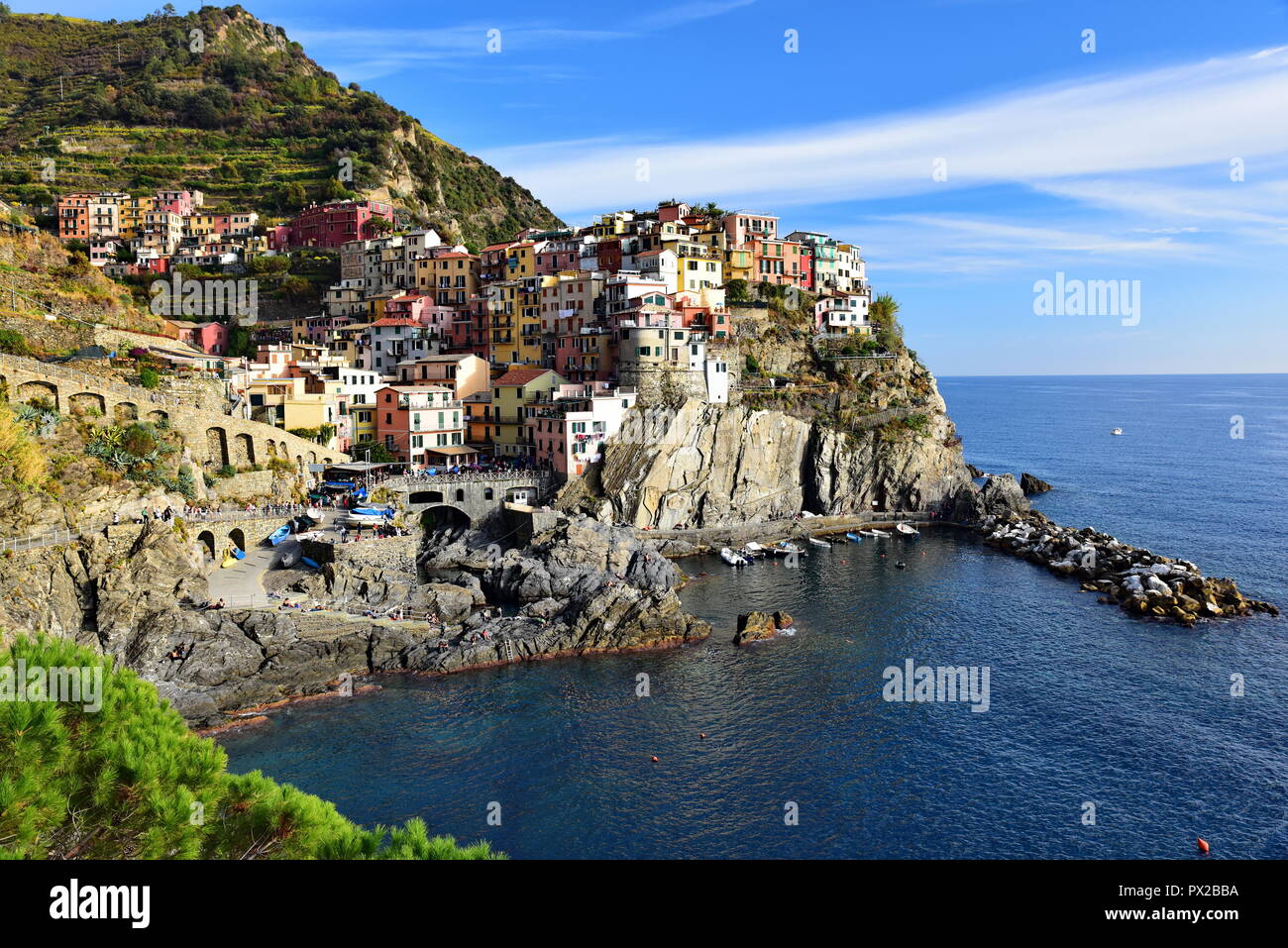 High view of Monterosso in the Cinque Terre, Italy. Stock Photo