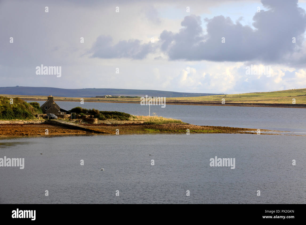 Landscape near harbour of Scapa Flow, Orkney, Scotland, Highlands, United Kingdom Stock Photo