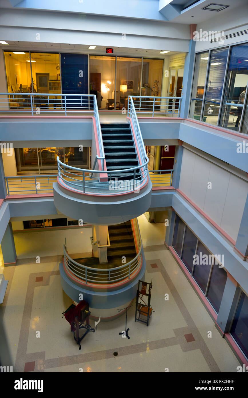 Inside George Eastman house and museum, modern staircase between floors ...